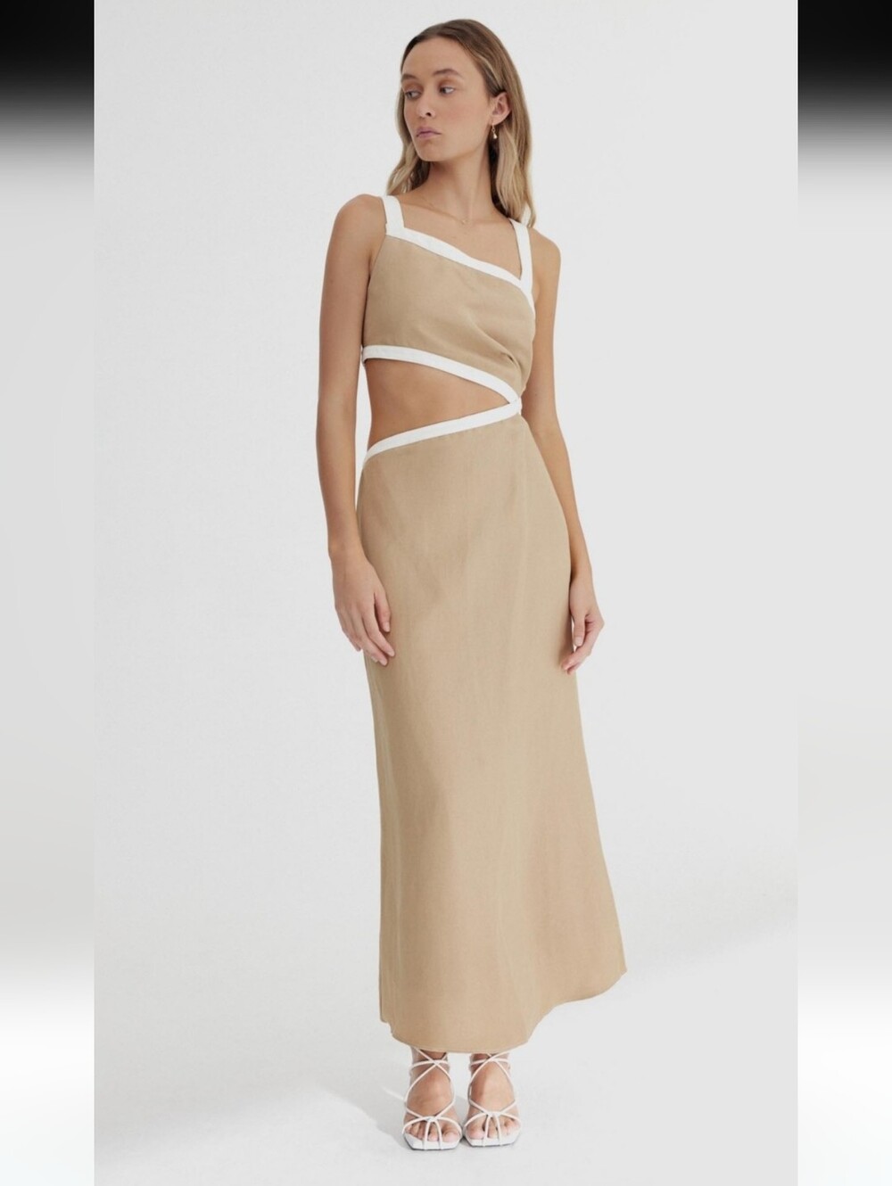 Significant Other Elena Midi Dress in a tonal sand hue featuring white contrast